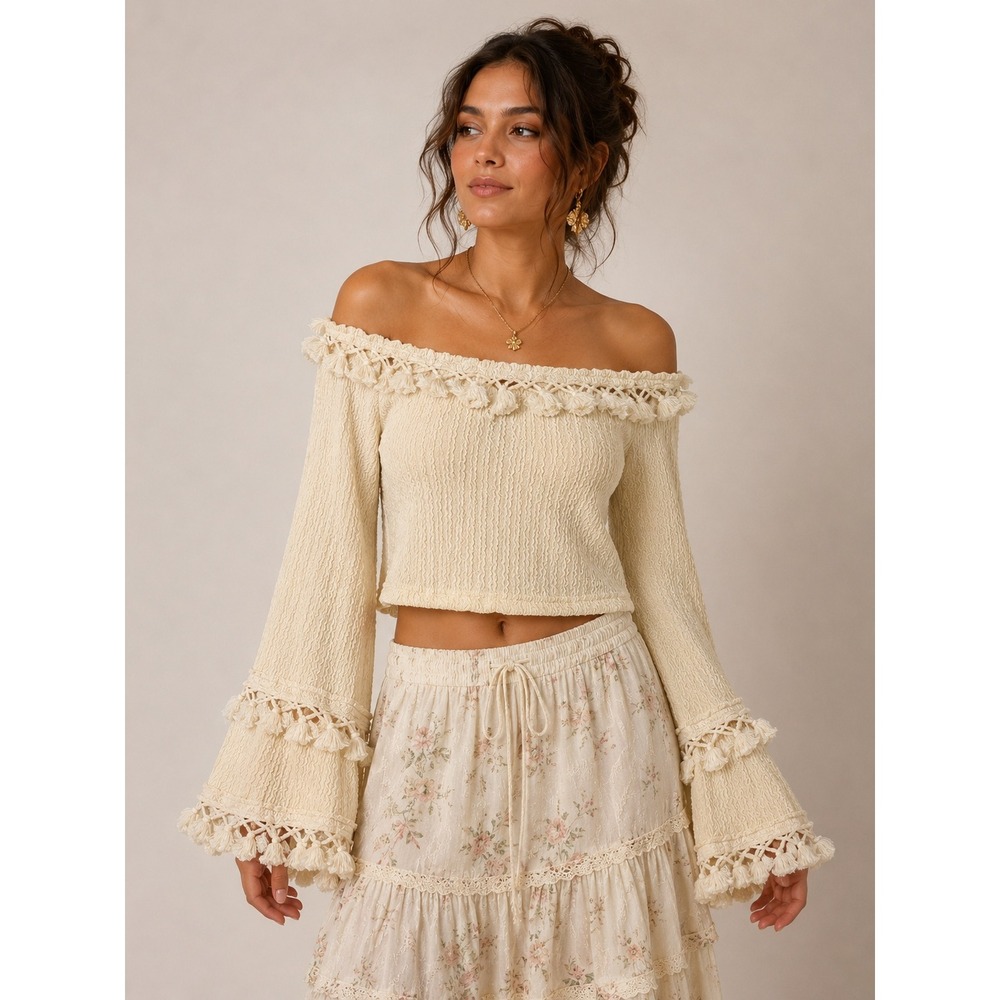Boho Cottagecore Off Shoulder Tassel Bell Sleeve Crop Top Small‎  Pricing